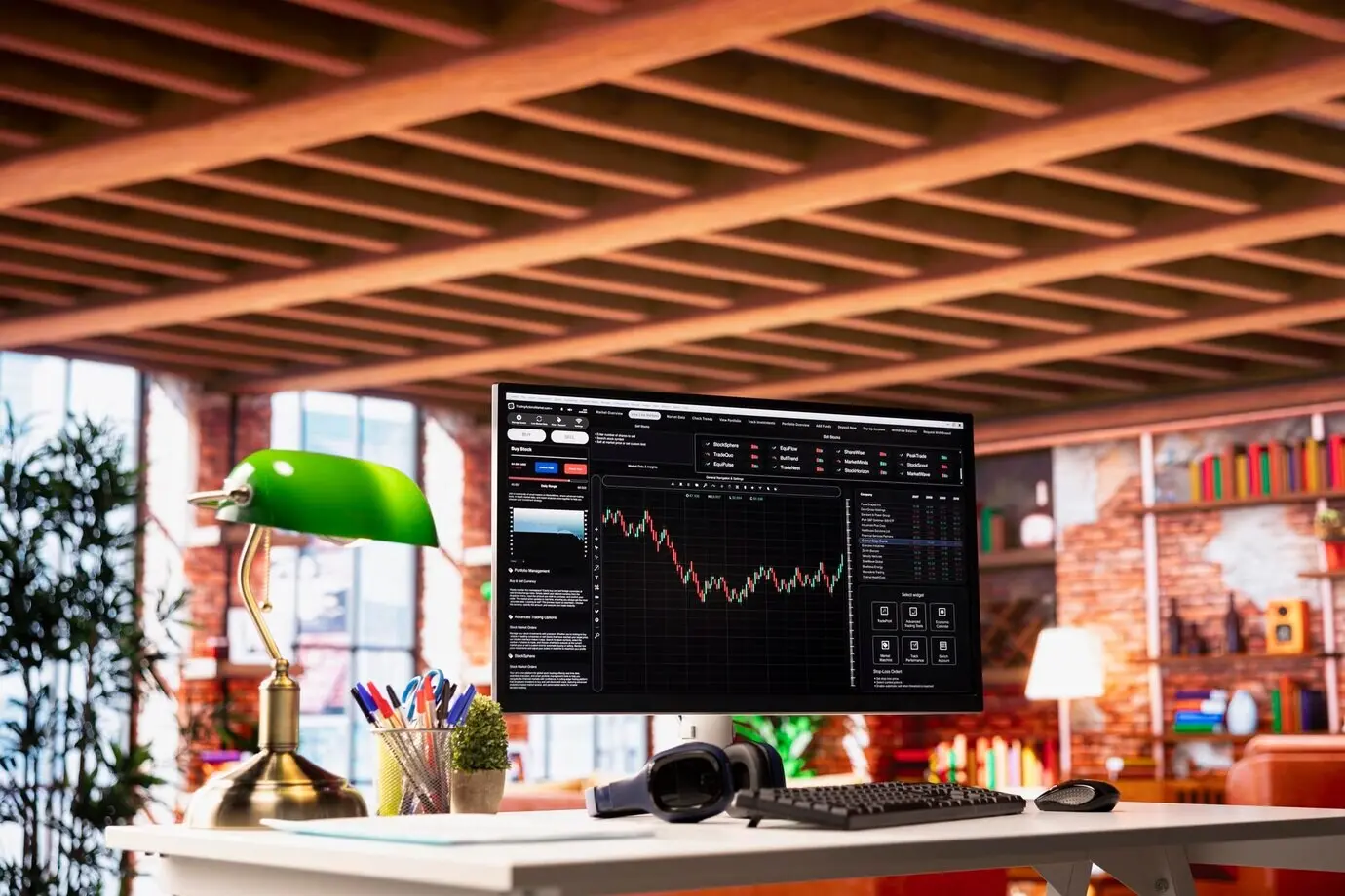 PC-Monitor mit Candlestick-Chart auf einem Schreibtisch im Homeoffice
